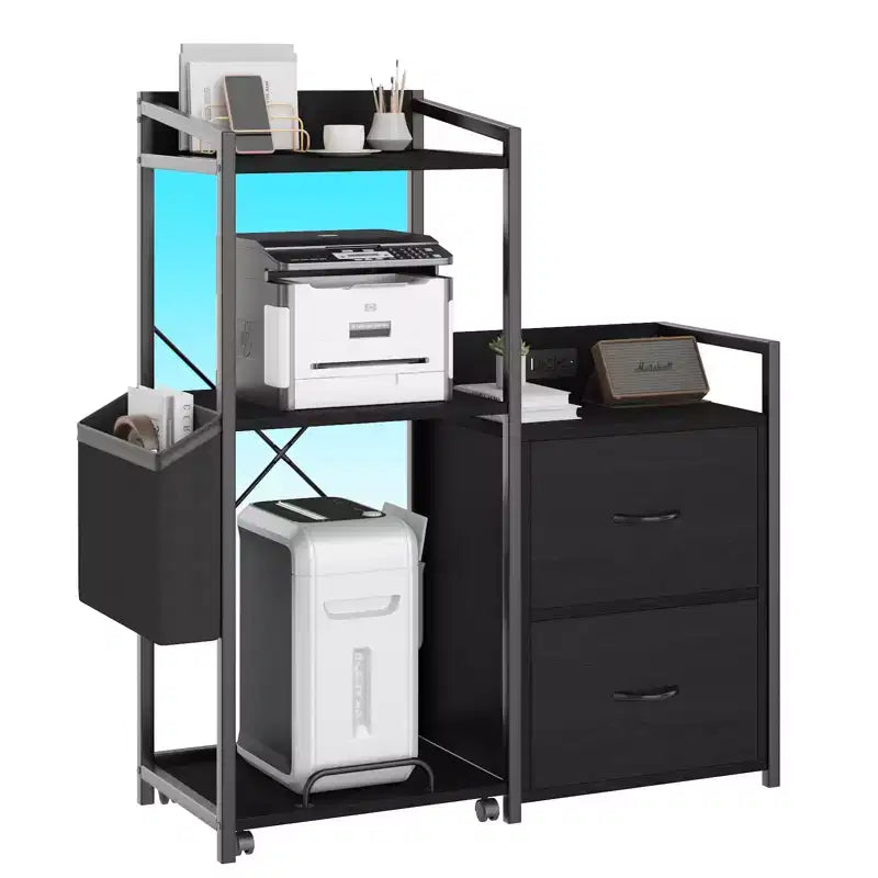 Meuble de classement à 2 tiroirs pour dossiers de format lettre/légal/A4, avec prise de courant, lumières LED et étagère ouverte pour la maison/le bureau, rangement pour imprimante et destructeur de documents