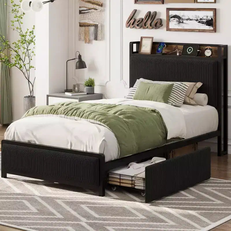 Upholstered Platform Bed Frame with Storage Headboard, No Box Spring Needed, Noise Free
