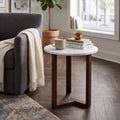 Royal Hampton Fina 20 Inch Round Side End Table, White Genuine Marble Top, Natural Brown Mango Wood 3 Leg Sled Base
