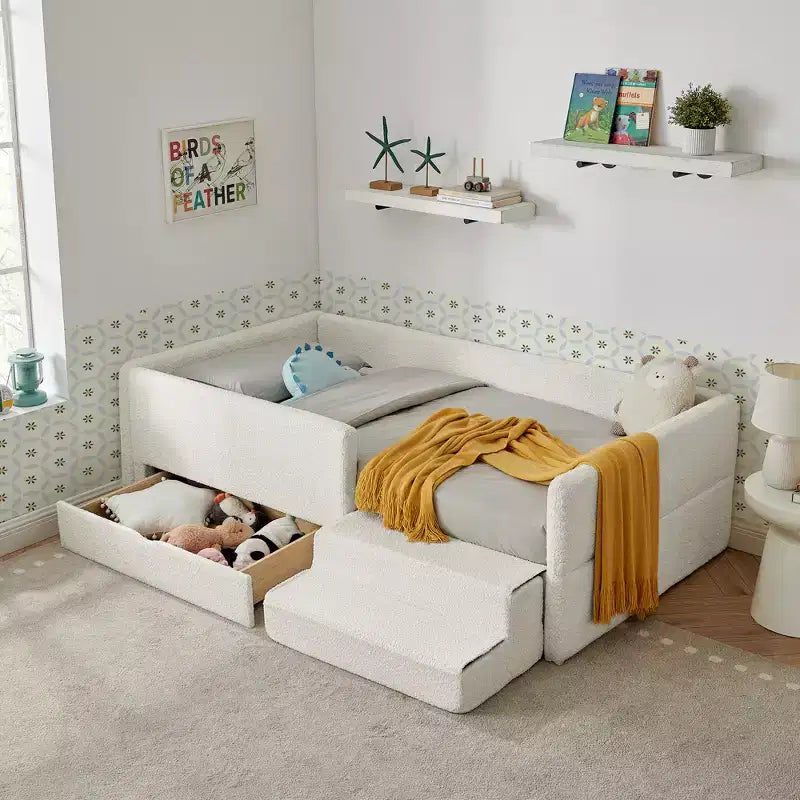 Twin Size Kid Platform Bed Frame Toddler Bed with Guardrail, Storage Drawer & Safety Step Stool, Boucle - ModernLuxe