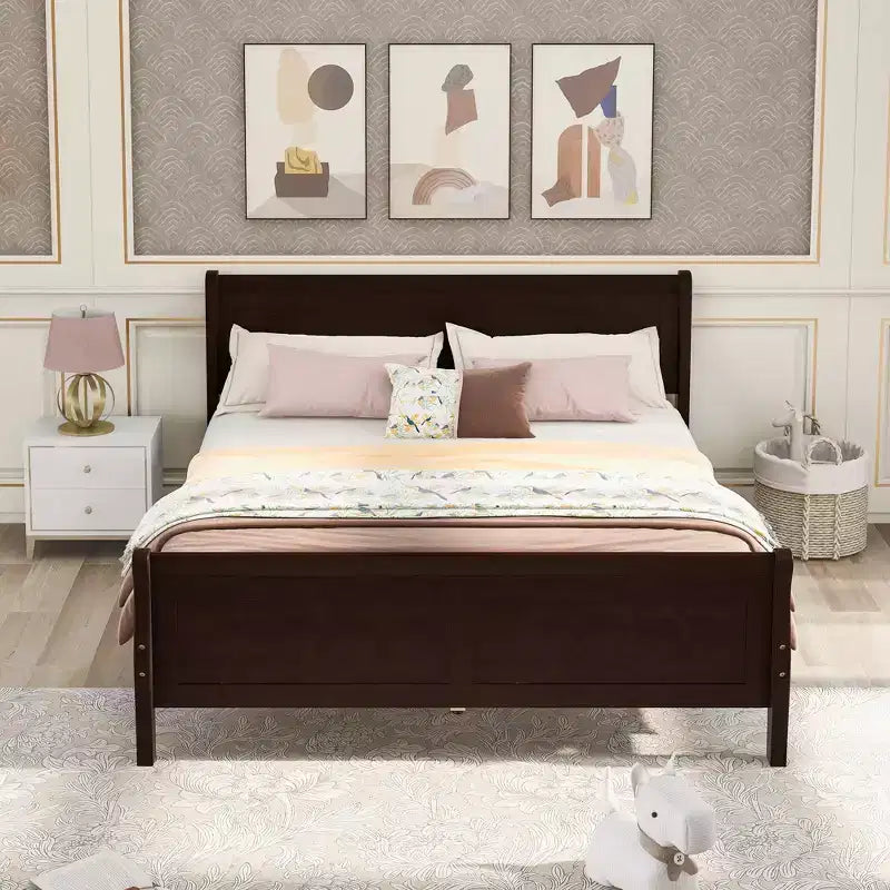 FAMYYT Full Size Wood Platform Bed With Headboard, Easy Assembly, Espresso