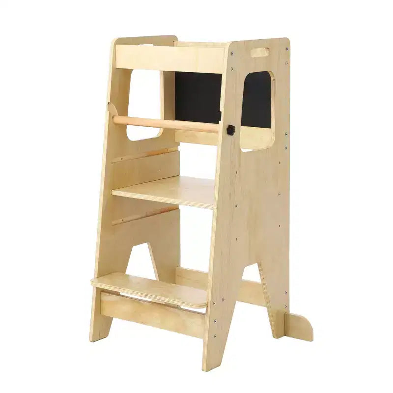 Adjustable Wooden Kids Kitchen Step Stool with Safety Guardrail - 3-Height Non-Slip Standing Tower for Toddlers, 150 lbs Weight Capacity
