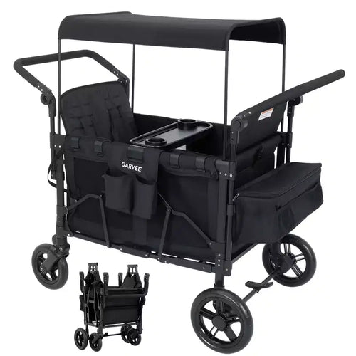4 Seater Wagon Stroller - Premium All-Terrain Wagon for Kids with Snack Tray, Removable Canopy, Adjustable Push/Pull Handle & Fold, Black