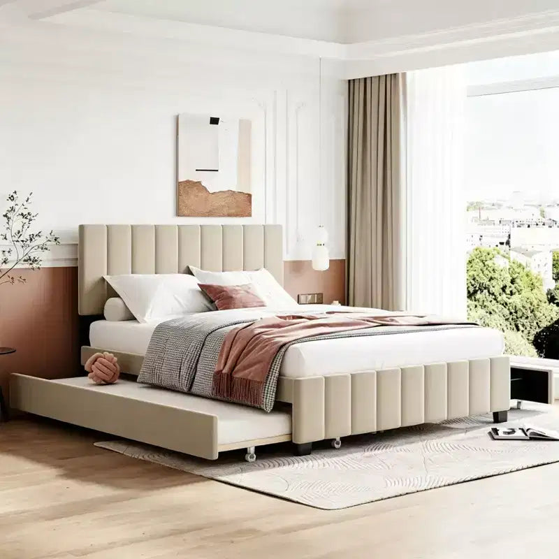 Luxystar Modern Queen Velvet Upholstered Platform Bed with 2 Drawers and Trundle,