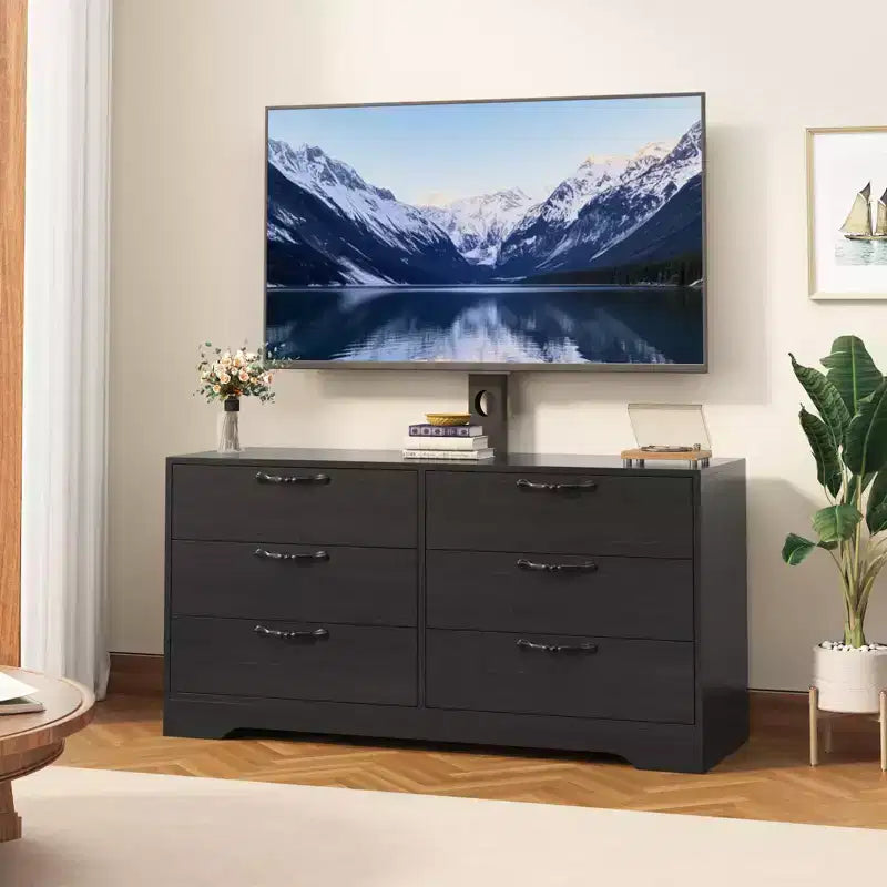 TV Stand with Mount & 6 Drawers, Adjustable Entertainment Center for Up to 75 TVs, Wooden Media Console Table for Living Room Bedroom, Black