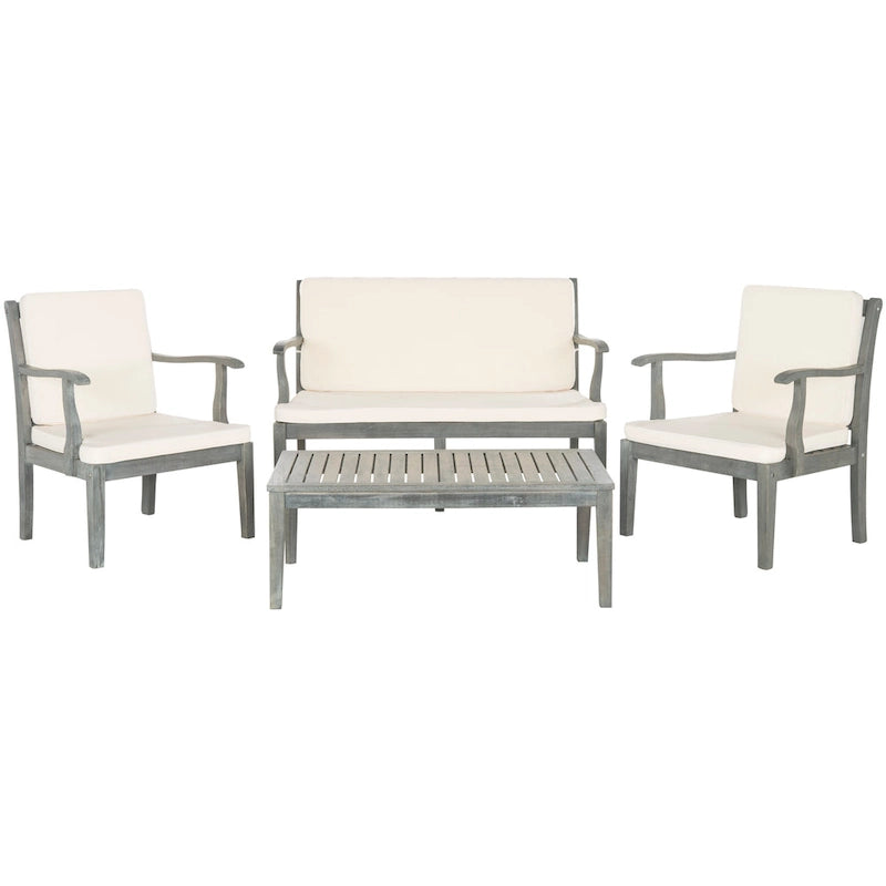 SAFAVIEH Outdoor Living Del Mar Ensemble de patio 4 pièces en bois d'acacia marron avec coussins beiges - 48 L x 25 P x 32 H po