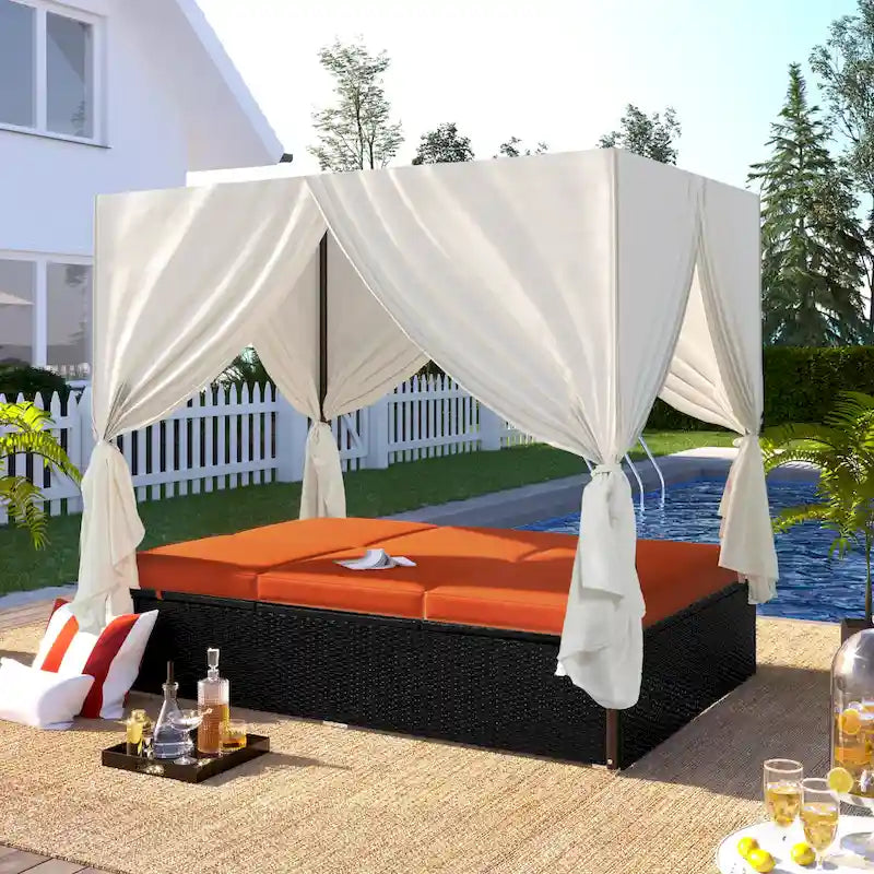 Lit de repos/Bain de soleil en osier pour extérieur avec coussins et dossiers réglables