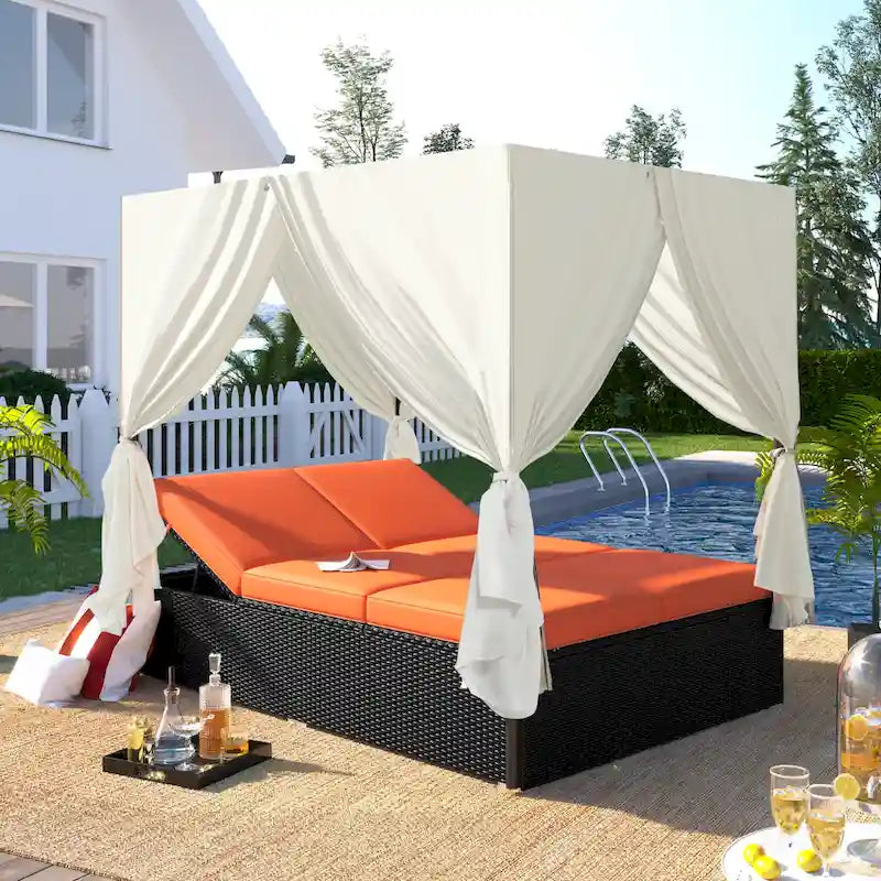 Lit de repos/Bain de soleil en osier pour extérieur avec coussins et dossiers réglables