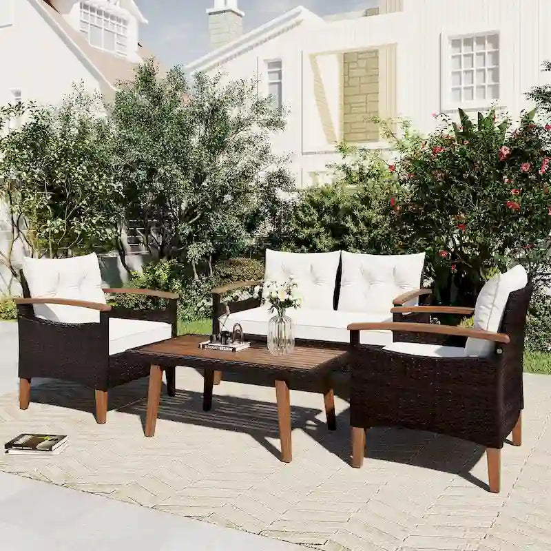 Ensemble de 4 pièces de mobilier de jardin moderne, canapé en rotin avec pieds en bois et coussins, adapté pour terrasse et balcon extérieurs