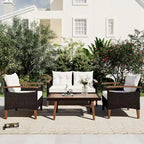Ensemble de 4 pièces de mobilier de jardin moderne, canapé en rotin avec pieds en bois et coussins, adapté pour terrasse et balcon extérieurs