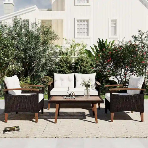 Ensemble de 4 pièces de mobilier de jardin moderne, canapé en rotin avec pieds en bois et coussins, adapté pour terrasse et balcon extérieurs