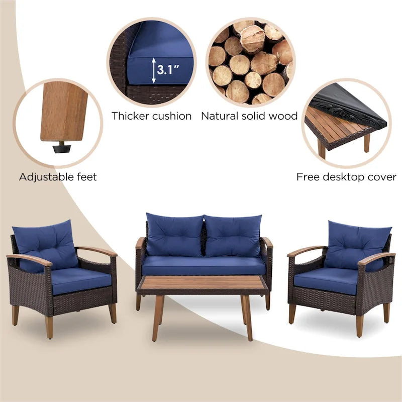 Ensemble de 4 pièces de mobilier de jardin moderne, canapé en rotin avec pieds en bois et coussins, adapté pour terrasse et balcon extérieurs