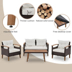 Ensemble de 4 pièces de mobilier de jardin moderne, canapé en rotin avec pieds en bois et coussins, adapté pour terrasse et balcon extérieurs