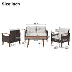 Ensemble de 4 pièces de mobilier de jardin moderne, canapé en rotin avec pieds en bois et coussins, adapté pour terrasse et balcon extérieurs