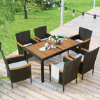 Ensemble de salle à manger d'extérieur moderne en rotin 7 pièces, chaises rembourrées avec accoudoirs et dossiers, idéal pour le jardin et la terrasse.