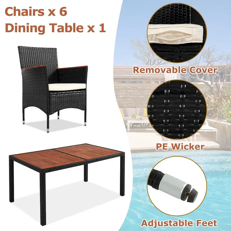 Ensemble de salle à manger d'extérieur moderne en rotin 7 pièces, chaises rembourrées avec accoudoirs et dossiers, idéal pour le jardin et la terrasse.