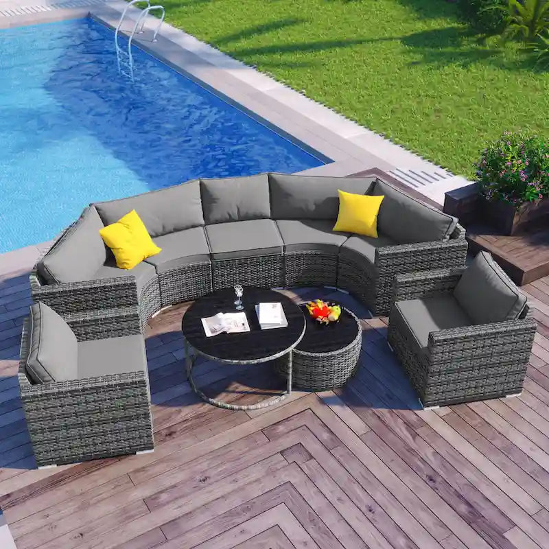 Ensemble de canapé d'extérieur rond moderne 9 pièces avec oreillers et coussins, idéal pour terrasse, cour et piscine