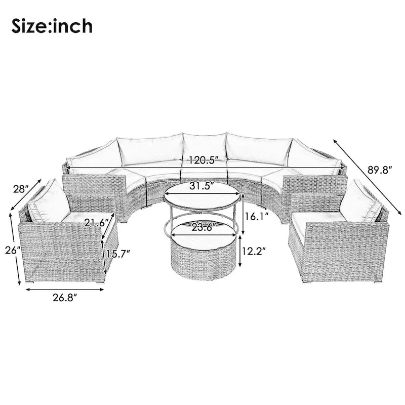 Ensemble de canapé d'extérieur rond moderne 9 pièces avec oreillers et coussins, idéal pour terrasse, cour et piscine