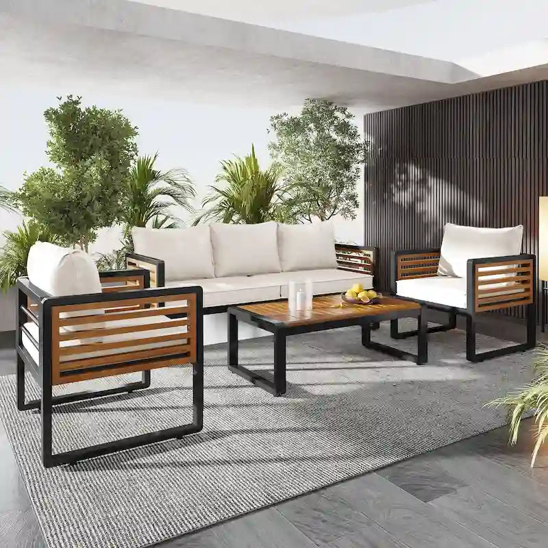Ensemble de canapés 4 pièces, canapé avec structure en métal et bois, coussins et dossier épais, plateau de table en bois d'acacia, convient pour le jardin extérieur