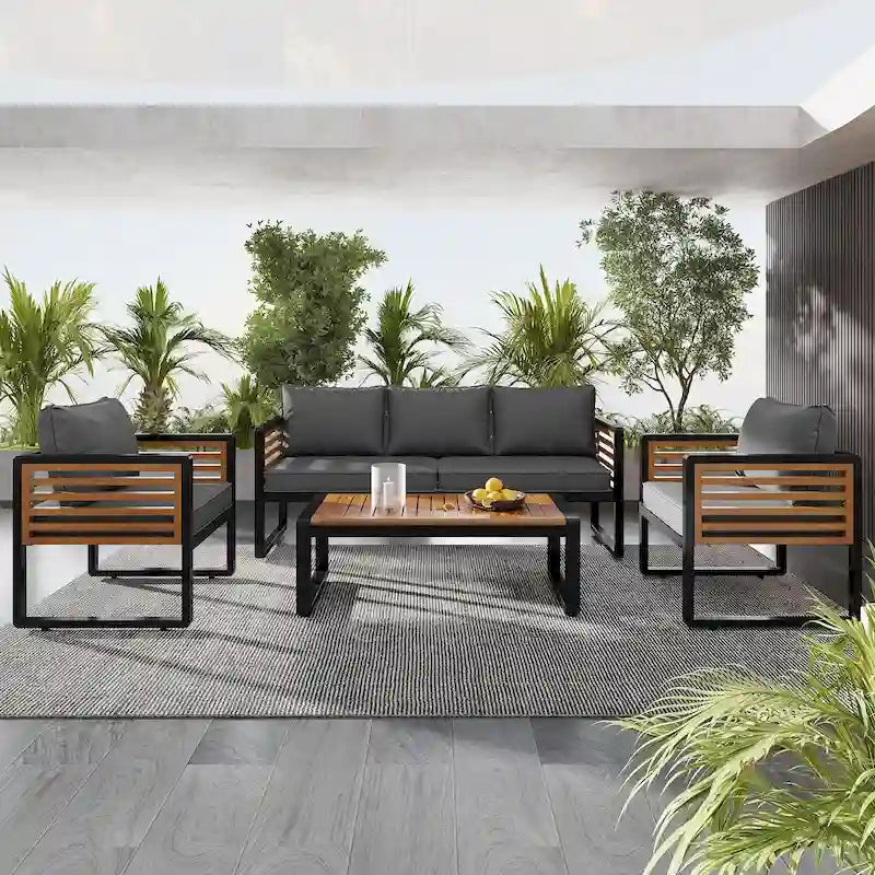 Ensemble de canapés 4 pièces, canapé avec structure en métal et bois, coussins et dossier épais, plateau de table en bois d'acacia, convient pour le jardin extérieur