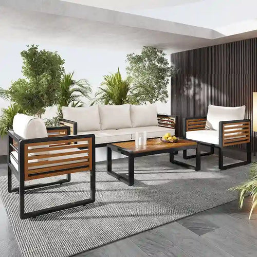 Ensemble de canapés 4 pièces, canapé avec structure en métal et bois, coussins et dossier épais, plateau de table en bois d'acacia, convient pour le jardin extérieur