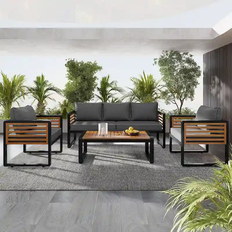 Ensemble de canapés 4 pièces, canapé avec structure en métal et bois, coussins et dossier épais, plateau de table en bois d'acacia, convient pour le jardin extérieur