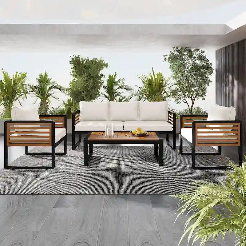 Ensemble de canapés 4 pièces, canapé avec structure en métal et bois, coussins et dossier épais, plateau de table en bois d'acacia, convient pour le jardin extérieur
