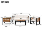 Ensemble de canapés 4 pièces, canapé avec structure en métal et bois, coussins et dossier épais, plateau de table en bois d'acacia, convient pour le jardin extérieur