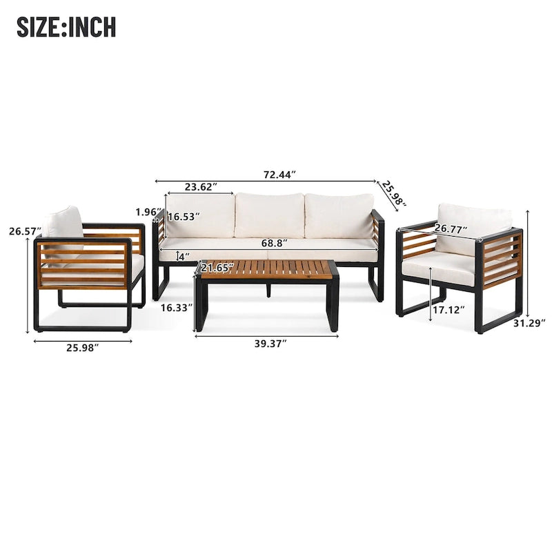 Ensemble de canapés 4 pièces, canapé avec structure en métal et bois, coussins et dossier épais, plateau de table en bois d'acacia, convient pour le jardin extérieur