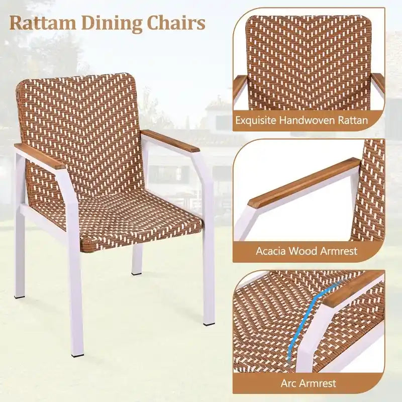 Ensemble de salle à manger d'extérieur 7 pièces avec 6 chaises en rotin, table en bois d'acacia