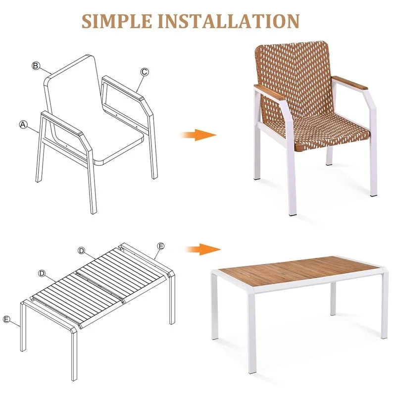 Ensemble de salle à manger d'extérieur 7 pièces avec 6 chaises en rotin, table en bois d'acacia