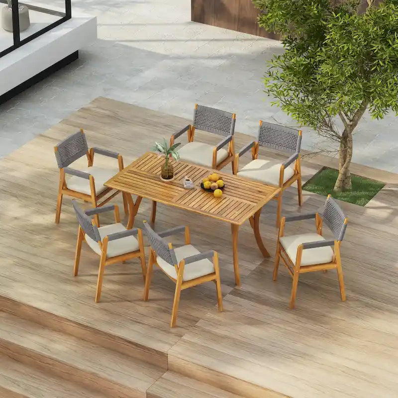 Ensemble de salle à manger d'extérieur 7 pièces en bois d'acacia Holomn avec chaises en corde par Christopher Knight Home