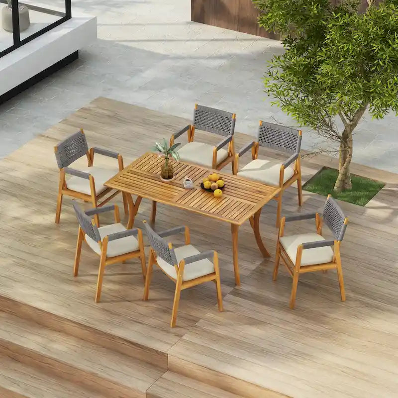 Ensemble de salle à manger d'extérieur 7 pièces en bois d'acacia Holomn avec chaises en corde par Christopher Knight Home