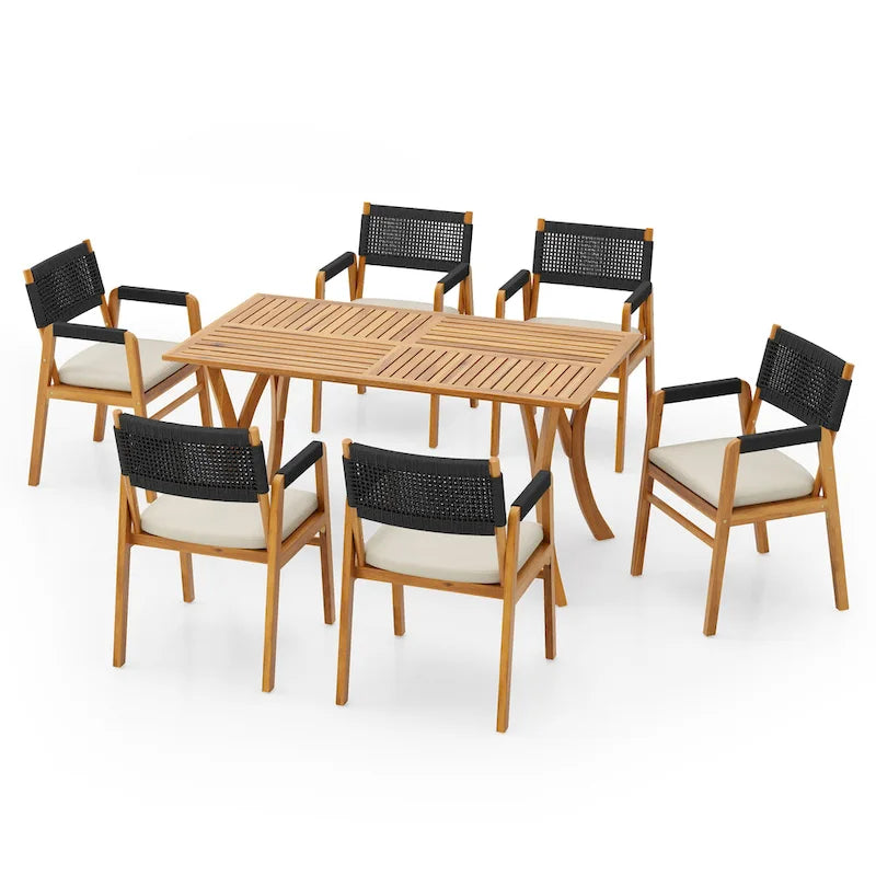 Ensemble de salle à manger d'extérieur 7 pièces en bois d'acacia Holomn avec chaises en corde par Christopher Knight Home