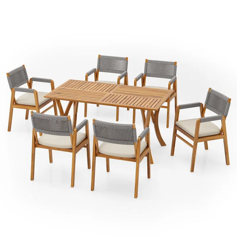 Ensemble de salle à manger d'extérieur 7 pièces en bois d'acacia Holomn avec chaises en corde par Christopher Knight Home