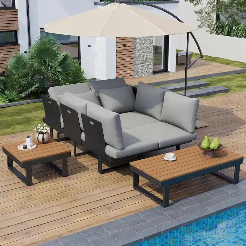 Ensemble de canapé d'angle extérieur, salon de jardin, groupe de sièges de patio, lit de repos extérieur avec sièges inclinables ajustables