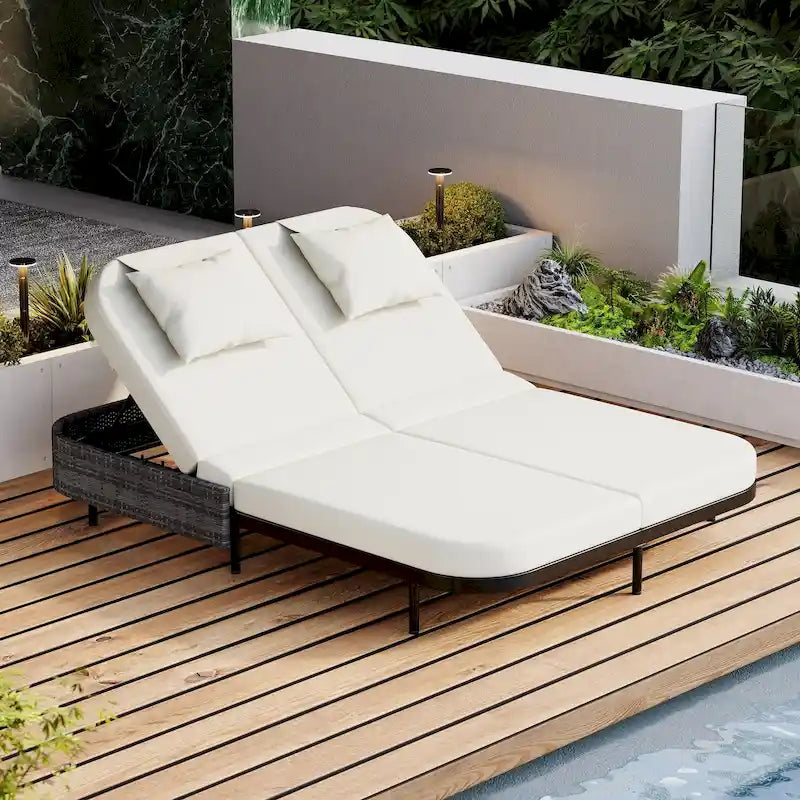 Chaise longue double d'extérieur avec dossier réglable sur 5 positions, transat inclinable en rotin PE pour 2 personnes