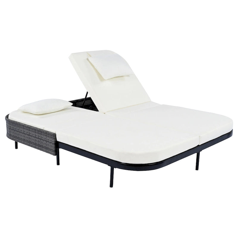 Chaise longue double d'extérieur avec dossier réglable sur 5 positions, transat inclinable en rotin PE pour 2 personnes