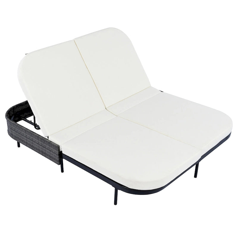 Chaise longue double d'extérieur avec dossier réglable sur 5 positions, transat inclinable en rotin PE pour 2 personnes