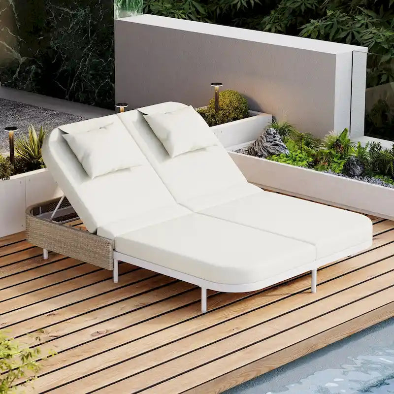 Chaise longue double d'extérieur avec dossier réglable sur 5 positions, transat inclinable en rotin PE pour 2 personnes