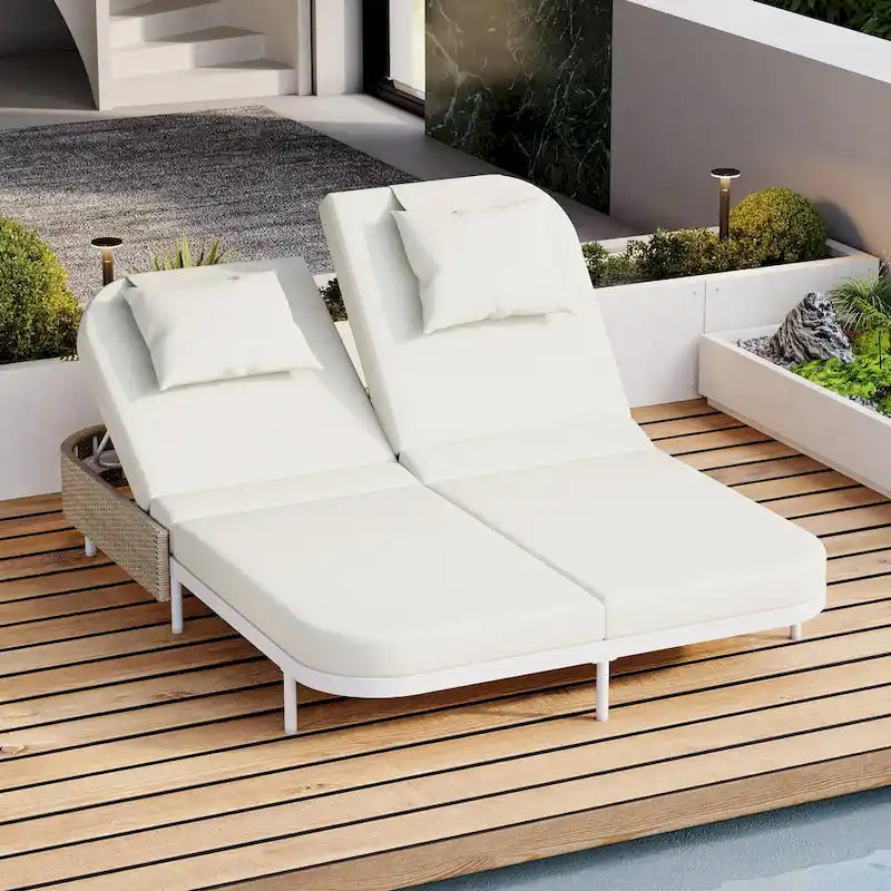Chaise longue double d'extérieur avec dossier réglable sur 5 positions, transat inclinable en rotin PE pour 2 personnes