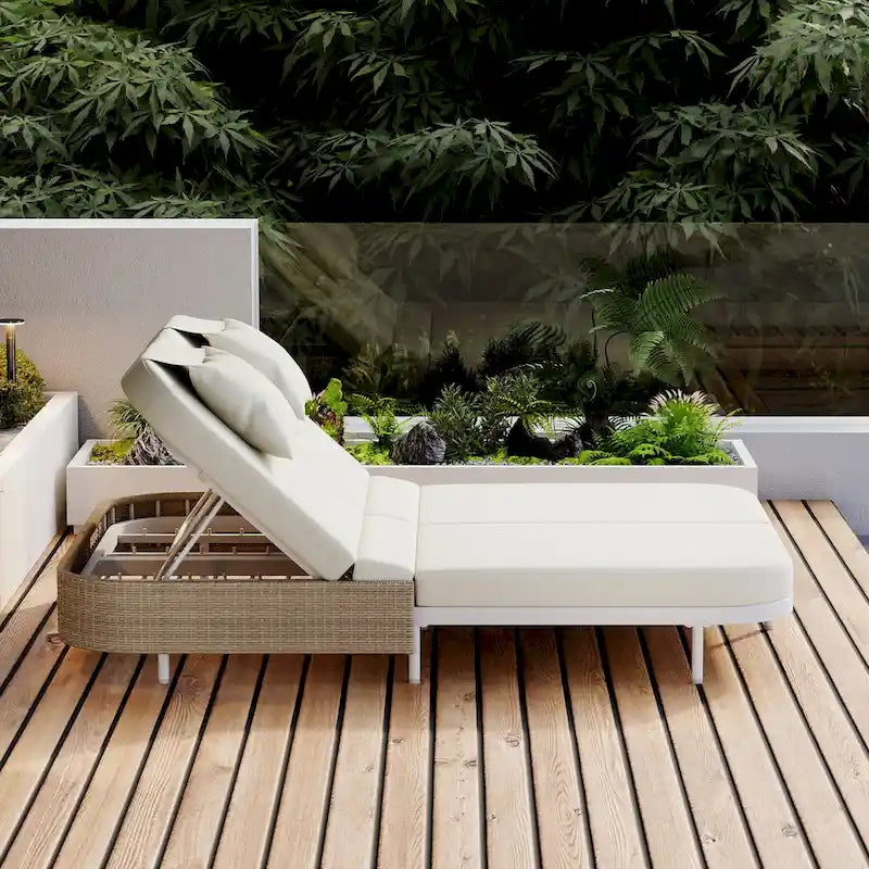 Chaise longue double d'extérieur avec dossier réglable sur 5 positions, transat inclinable en rotin PE pour 2 personnes