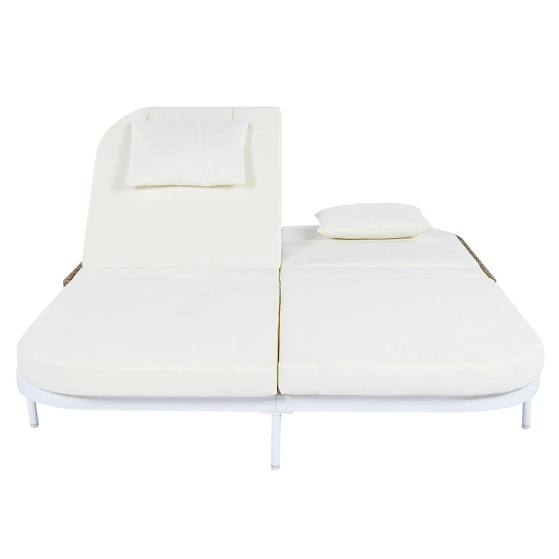 Chaise longue double d'extérieur avec dossier réglable sur 5 positions, transat inclinable en rotin PE pour 2 personnes