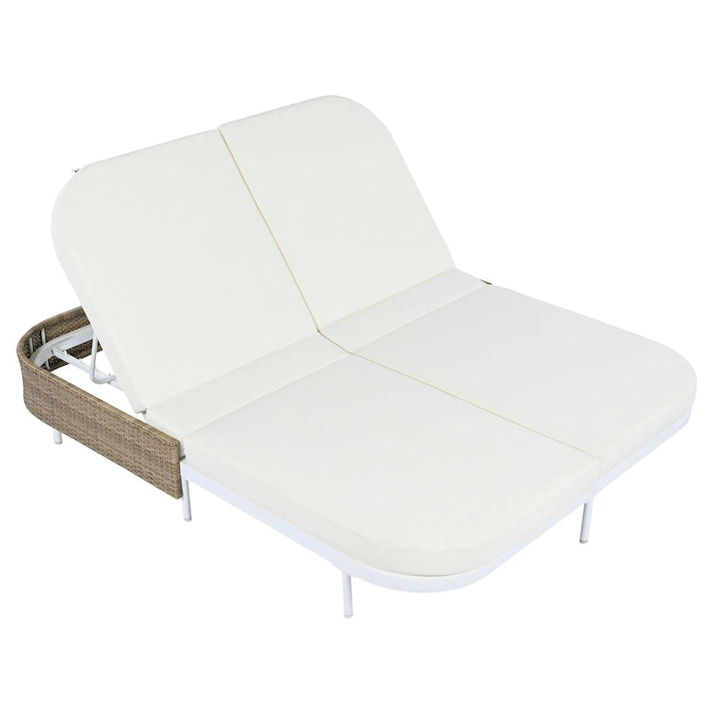Chaise longue double d'extérieur avec dossier réglable sur 5 positions, transat inclinable en rotin PE pour 2 personnes