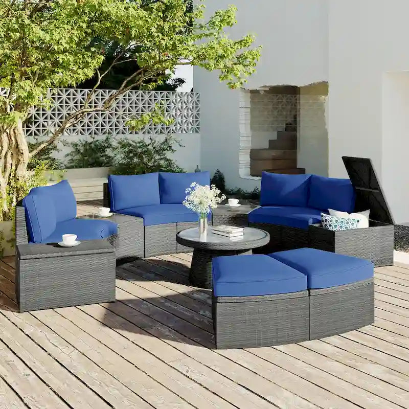 Ensemble de canapés de patio semi-circulaires 10 pièces avec 1 table basse