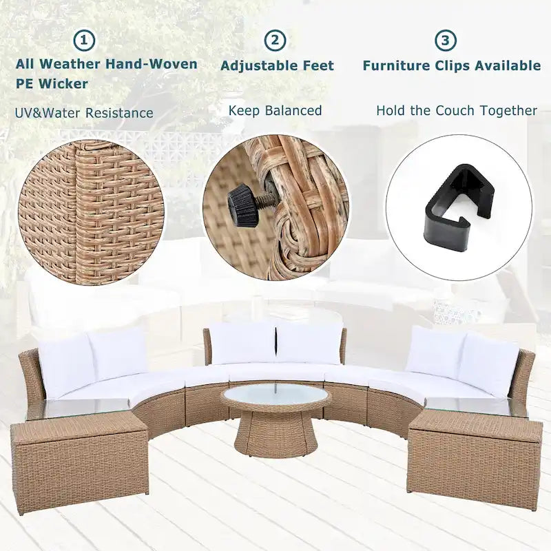 Ensemble de canapés de patio semi-circulaires 10 pièces avec 1 table basse