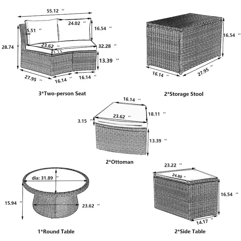 Ensemble de canapés de patio semi-circulaires 10 pièces avec 1 table basse