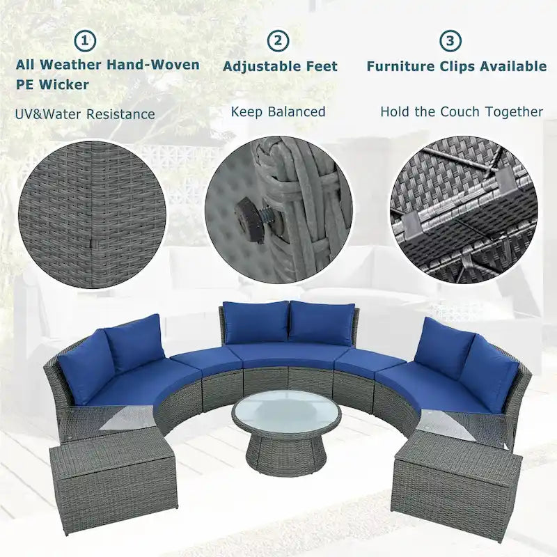 Ensemble de canapés de patio semi-circulaires 10 pièces avec 1 table basse