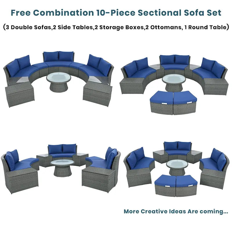 Ensemble de canapés de patio semi-circulaires 10 pièces avec 1 table basse