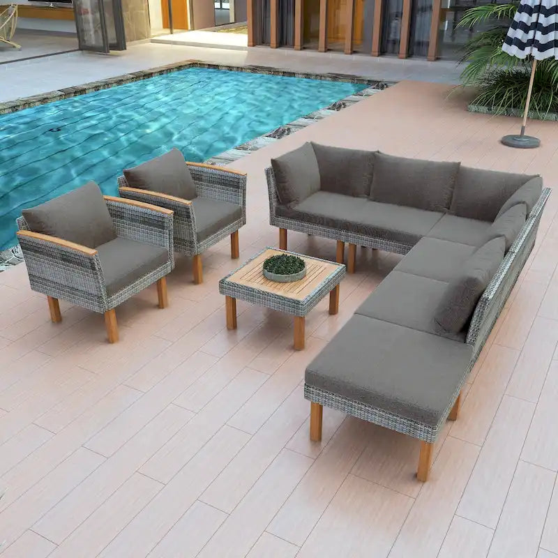Salon de jardin 9 pièces en rotin avec table basse et coussins lavables